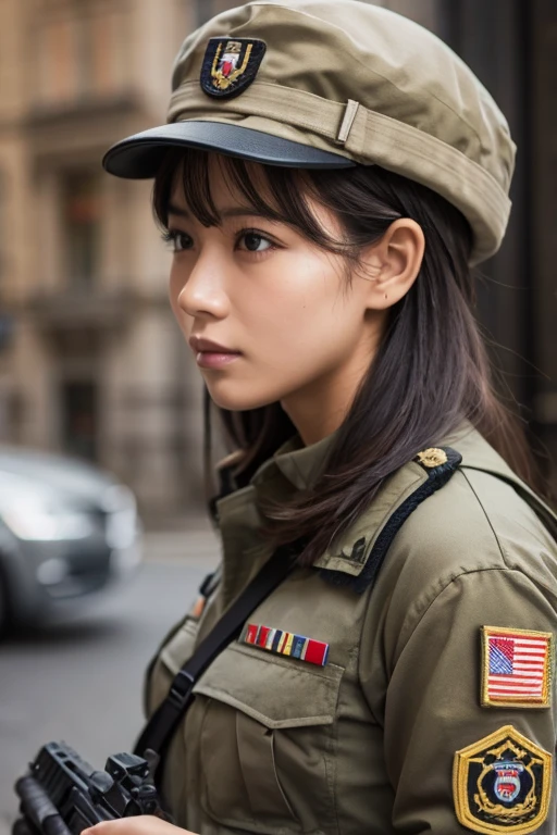 (An eye patch made of black leather on one eye:1.9), A young and very beautiful woman in a black sexy tight military uniform. Very detailed顔の特徴, Thick lips, Beautiful Eyes, Perfect Skin, Ideal body type, military cap, Riding Mamachari:1.7, Captivating look, In a typical Japanese shopping street, Realistic, 8k, Very detailed, Cinema Lighting, Dramatic Shadows, Cold Tones, 