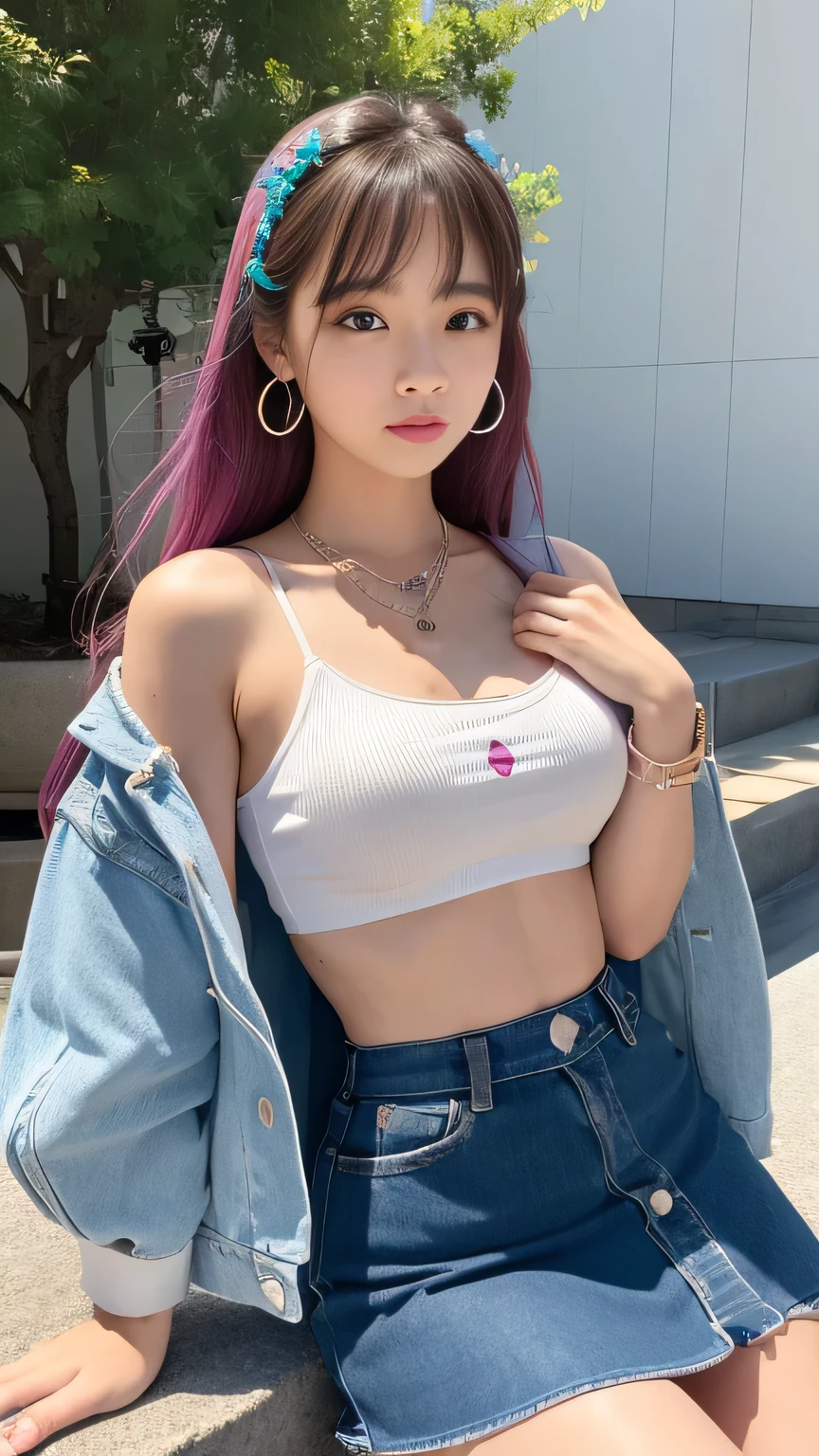best quality, tmasterpiece,Ultra-high resolution,Clear face,(Reality:1.4),ferpect lighting,(upper body), (photorealistic:1.50), anime wallpaper, Guviz style artwork, cover-up fantasy up to magic , by Yang J, Guviz, beautiful artwork illustration, beautiful digital artwork, beautiful digital illustration, Li Song, beautiful anime portrait, art style in Beauvot, 25 year old woman, 1girl, solo,cosplay, looking at the audience, long hair, (pink hair:1.5),(twintails ),(hair ribbon), Blue eyes, Tube Top, single thighhigh, short shorts, cropped jacket, belt boots, hair ribbon, hairclip, earrings, single sock, high belt, thigh strap, detached sleeves, Doll, black collar, Outdoor, grassland, park, garden, (standing:1.5), night sky, (looking at viwer:1.3), (upper body:1.5), (medium breasts), (shagging breasts),