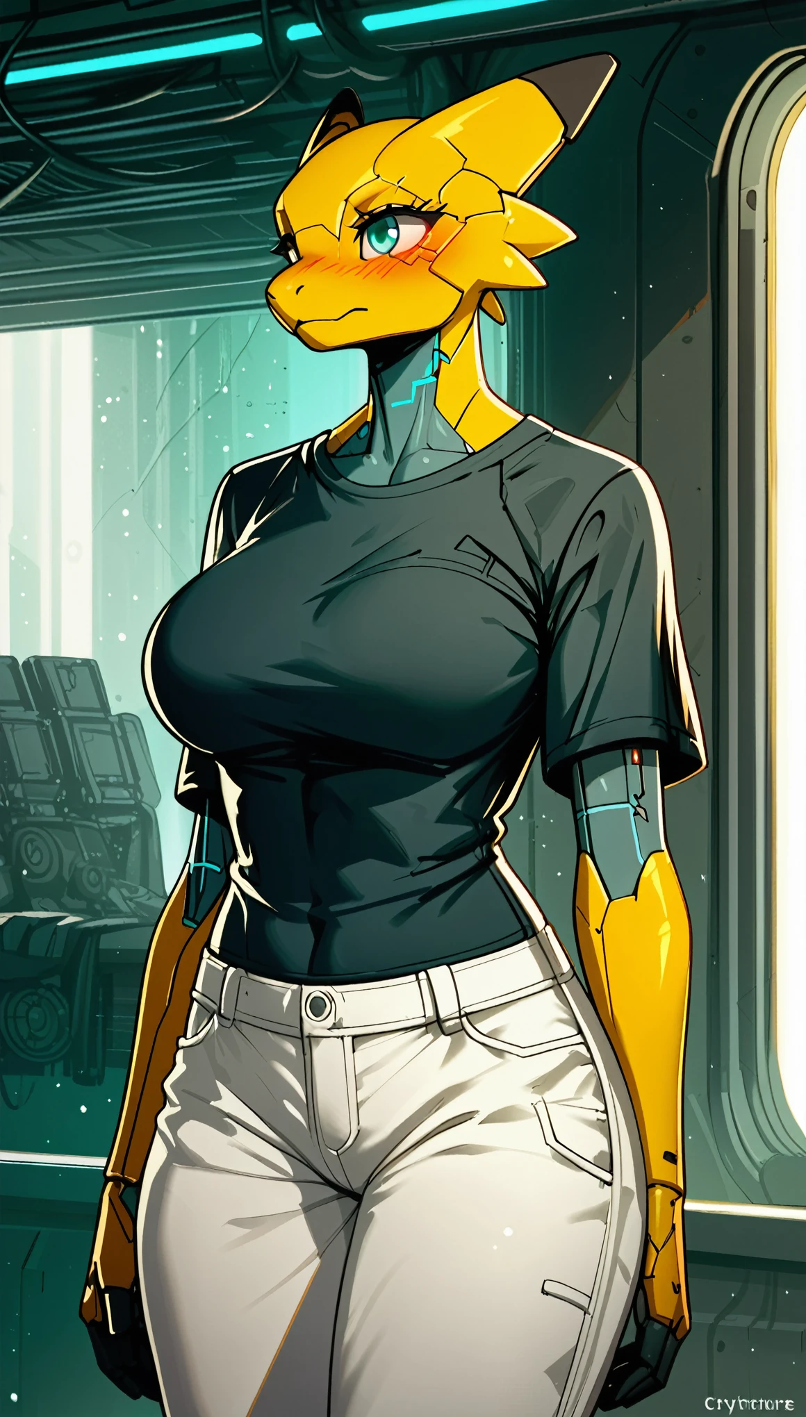 (Safe content), ((best quality)), cyberpunk, Solo, hi_res, score_9,score_8_up,score_7_up, score_6_up, score_5_up, score_4_up, source_furry, Antro Pokemon robot furry female, short black haircut ,well-build, cyan eyes, slim hands, standing in the room, Wearing t-shirt and black jacket, white cargo pants (White cargo pants), full outfit clothes, full outfit, big size breasts (Big Breasts), thick thighs, blush, Safe content,