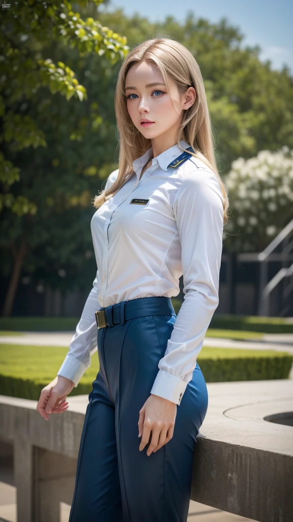 (HyperRealims)  1girl, Female Air Force Officer of the US Army, (Masterpiece) Beautiful American girl,face_cute_very beautiful, High nose, Very white skin, (tie Long blond hair:0.2), (Increase the resolution of_Eyes and blue eyes), รายละเอียดร่างกาย, ตัวสูงๆ, สง่า, แขนยาว, ขายเรียวยาว, energetic girl (Strong muscles:0.3), (เพิ่มความเรียบเนียนของผิวกล้ามเนื้อ), Air Force white shirt, trousers, Air Force Casual Suit, (Add realistic details to the clothing), (เพิ่มรายละเอียดของการสวมเครื่องแบบ) At Air Force Base Park, New York, score_9 คะแนน_8_Up Up คะแนน_7_Up Up (Masterpiece:1.3),(Realistic visual texture resolution), (8k,HD,UHD)( Best quality) (High resolution) (High fantasy:1.3) (Animation:0.5) The best perfect raw photo,