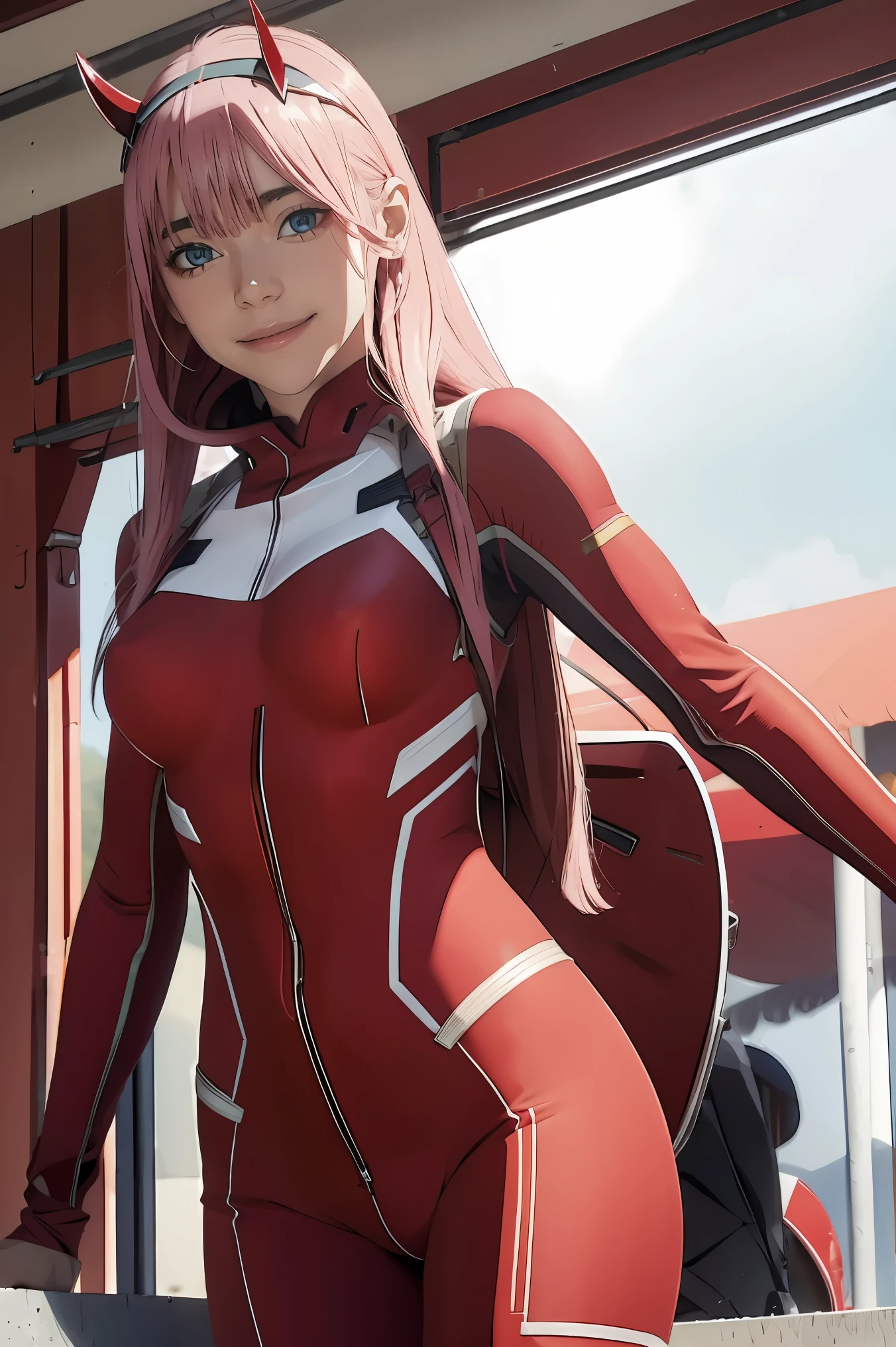 ((best quality)),((highly detailed)),masterpiece,absurdres,detailed face,beautiful face,((detailed eyes, deep eyes)),(1girl),((dynamic pose)), Zero_Two, green eyes, 1girl, solo, red bodysuit, long hair, pilot suit, pink hair, bodysuit, straight hair, hairband, standing, horns, breasts, bangs, closed mouth, looking at viewer, medium breasts, white hairband, skin tight, blunt bangs, makeup, eyeshadow, very long hair, sidelocks, expressionless, hair between eyes, red horns, shiny hair, towards viewer, smile,