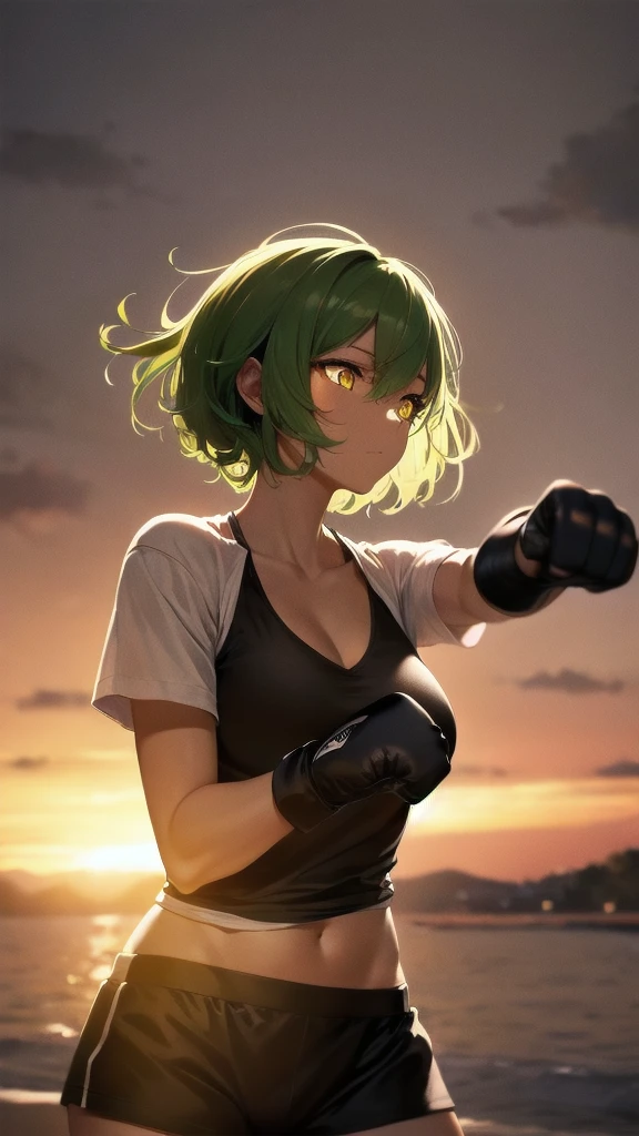 1girl, short_hair, short_sleeves, solo, upper_body,  boxer_girl, curly_green_hair,  detailed_hair, dark_skin, detailed_natural_skin, boxer girl in attack position,  detailed symmetrical large round magical yellow eyes, black background, soft natural lighting, backlighting, reflections, bright illuminations, closed fist, black boxing glove, deep dark black skin