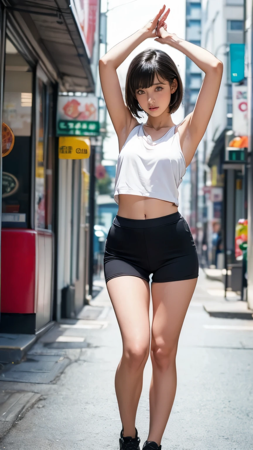 (masterpiece, best quality:1.4), (super sharp photo:1.4), highest quality, face focus, soft light, (realistic:1.5), surreal, very natural, ultra-sharp photo, highly detailed, detailed, highest resolution, 8K wallpaper, perfect dynamic composition, standing, huge breasts, lifted buttocks, sexy athletic outfit, natural makeup, smiling, beautiful detailed eyes, natural lips, natural gaze, glamorous body, tight short-sleeve V-neck top, short running shorts in random color, female runner, outdoor running scene, random location, full body, facing forward, with her hips slightly sticking out, natural running pose, hidden fingers, hidden hands.