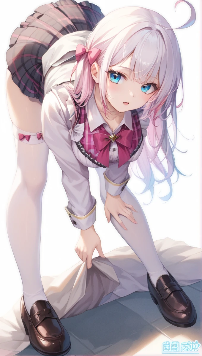 from above,((Best Quality))、(masterpiece)、(Realistic Shadows), NazunaMdCaf, blue eyes, multicolored hair, black hair, pink hair, long hair, low twintails, maid headdress, hair bow, pink bowtie, maid, pink dress, plaid dress, maid apron, short sleeves, back bow,Big Breasts,break ,Putting in the oven,in the kitchen, with a window, at night, hard lighting, cowboy shot