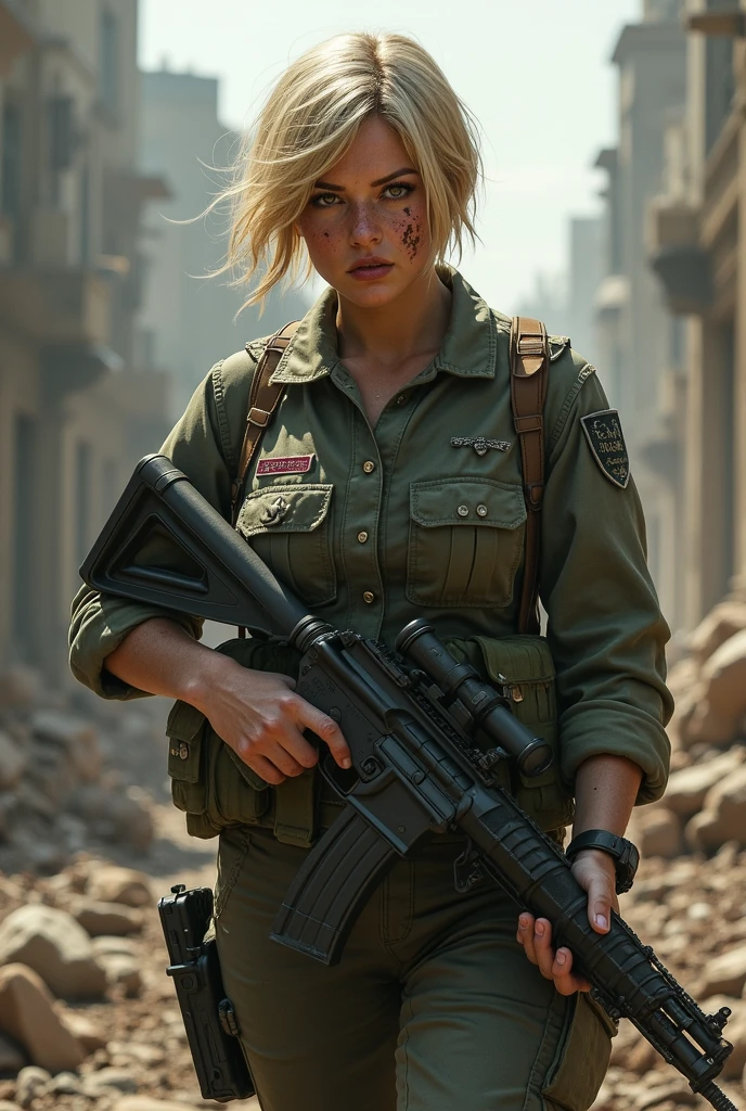 A portrait of a lone blond sad female soldier named (Monroe) in the debris of a destroyed village in the war, (army uniform:1.4), (hands behind the back) , stormy sky in the background, (burning debris) , nikon d850 film photograph, rich colors hyper realistic lifelike texture dramatic lighting, (wearing full army uniform : 1.3)