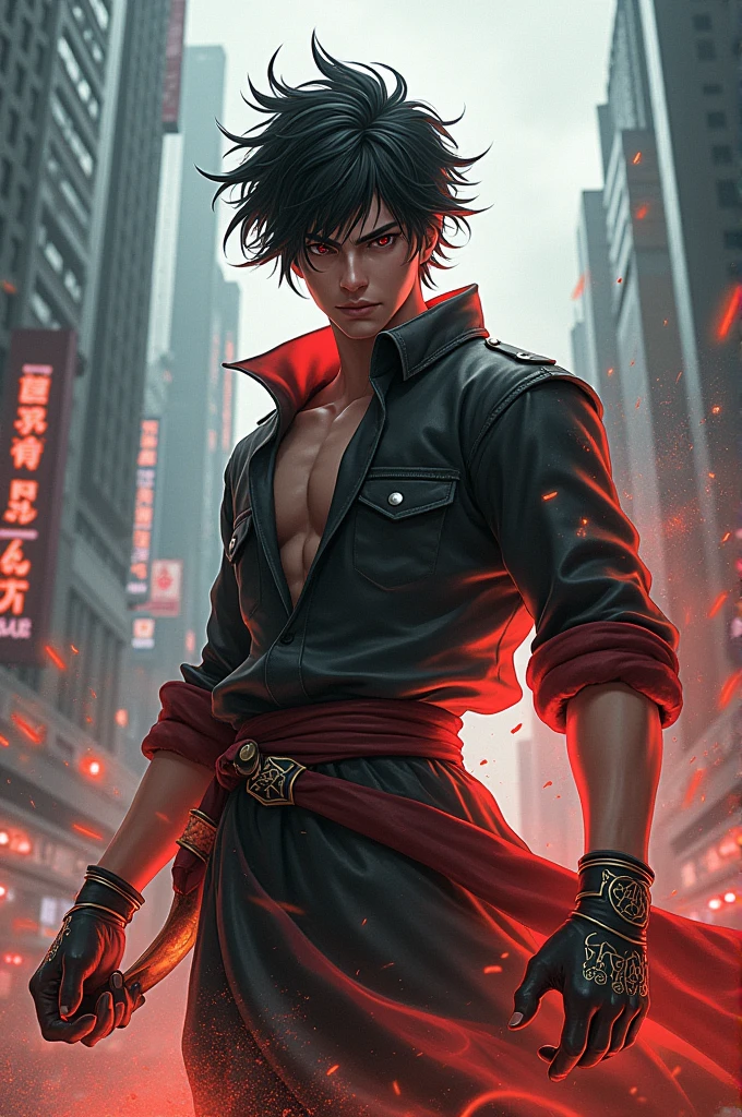 Teenage boy with logan hair smoking cigar with arms crossed wearing anime style leather jacket