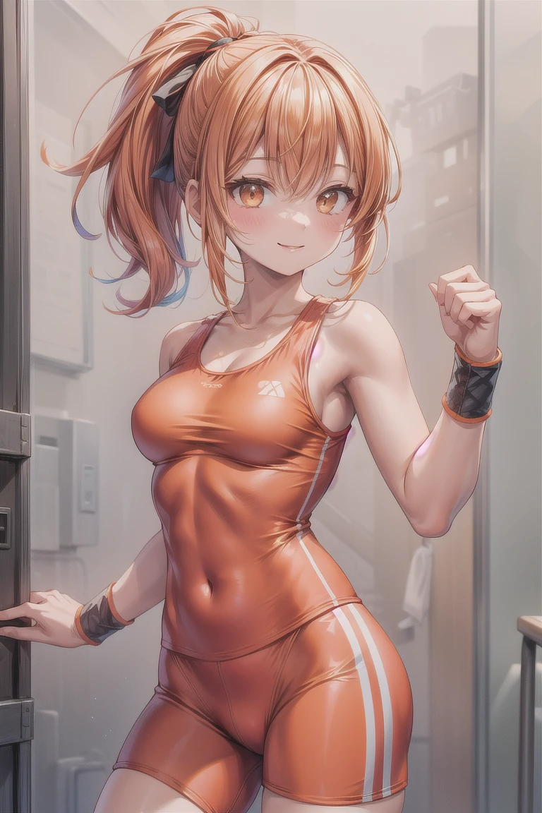 nsfw, masterpiece, 1 girl, ((topless)), intricately detailed, navel, necklace, sweaty, orange hair, spats, smiling, extremely detailed, photorealistic, octane render, 8 k, unreal engine., bare breasts, bare stomach, beautiful face, small breasts, ((flat chest)), indoor gym, stretching, bare shoulders, nipples, nude, different pose, open mouth, blushing, gym equipments, flustered, people on background, glass window, cg masterpiece