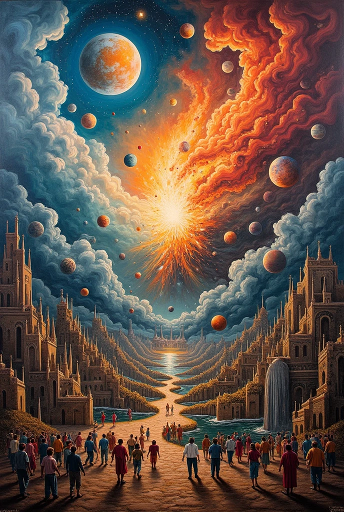 Painting of the end of the world in the style of the painter Mamani Mamani 