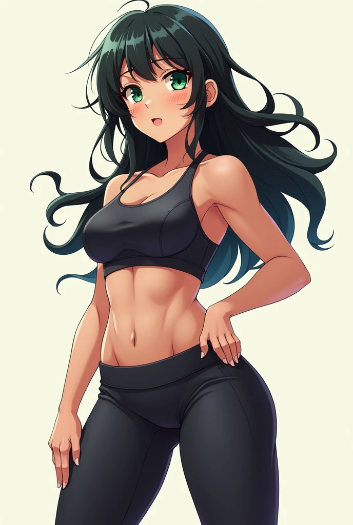 woman, black hair, green eyes, ponytail, , wide hips, big thighs, green tank top, leggings, slightly muscular