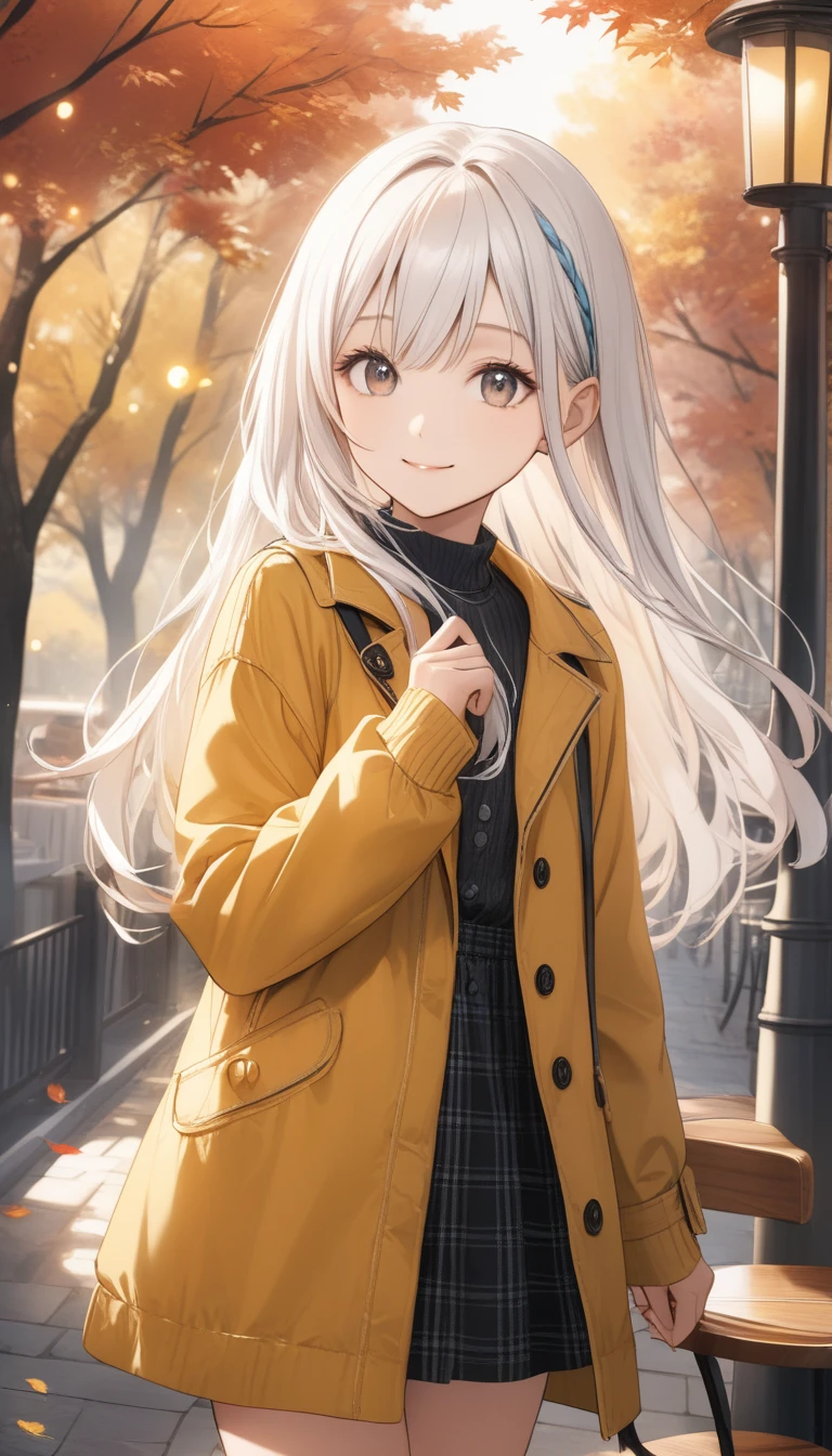 One,Cute  girl,Young face、Slim figure、Thin legs、８Head to Body、((White hair colour、Inner color hairstyle、Straight hair type、Neat hairstyle)), （((Stylish autumn clothes)))、Beautiful Hair, Facial Contour, Remember、illumination、Splash, Lens Flare,Natural Color, High resolution, Very delicate, Very detailed, 8k,Shyness、Slightly swollen breasts、Shy smile、Stylish cafe