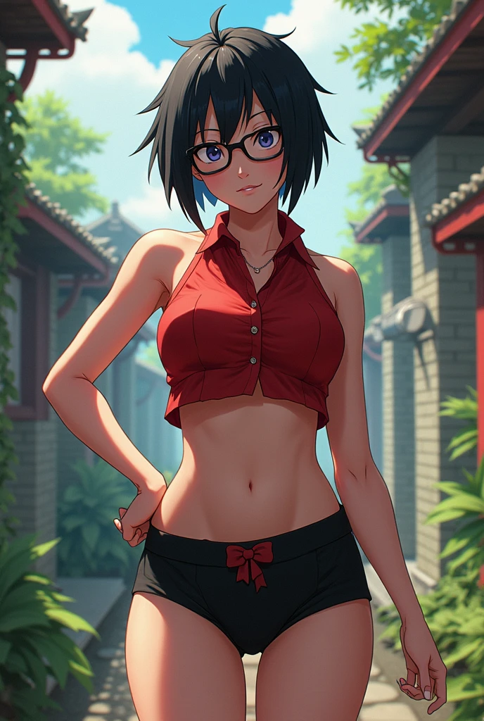 solo,woman, 26 years old, kitten pose, cat ears, short hair, perfect hands, perfect fingers, perfect body, sensual cleavage, medium breasts, red shirt, wearing tight black shorts, sexy shorts, vinyl shorts, Ultra HD, image 4k, best image quality, (fidelity: 1.4), photoreal, light green eyes, eyelashes, beautiful pupil, shadows, slight blush, delicate facial features, reasonable facial features, exposed waist, natural poses