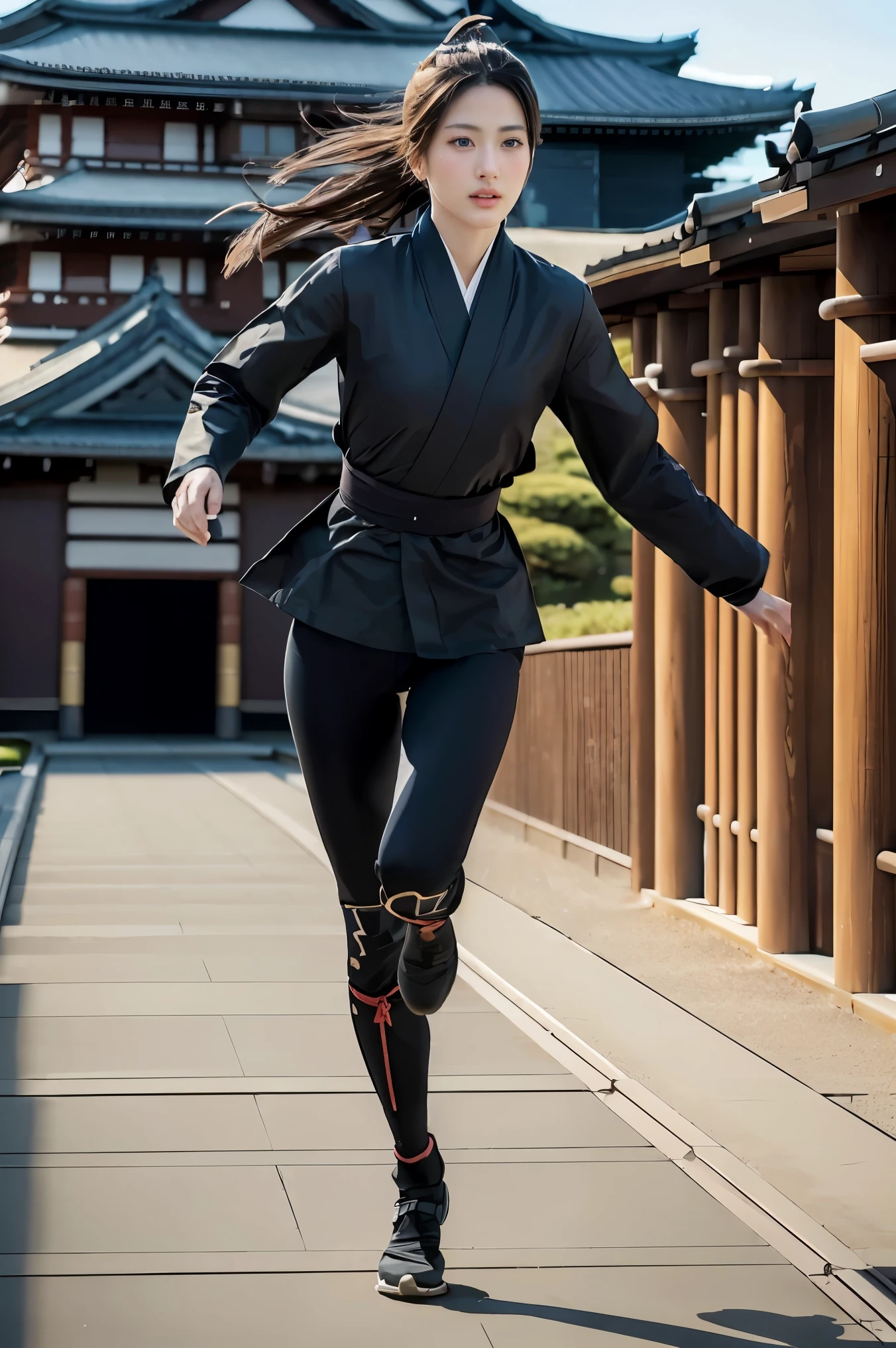 (masterpiece, Extremely realistic, photo-realism, Extremely precise in every detail:1.1), (Kunoichi:1.2), running a way from enemy, 1, Straight Hair, (Beautiful attention to detail:1.2), Slender, Full body image, on the Edo castle