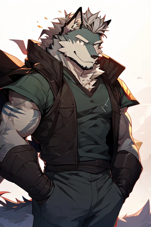 A Top And Right Side Body Picture of A Very Muscular Furry style Gray Wolf. he is wearing Full long Dark Green Soldier Millitary Outfit. He is looking at the viewer. The background is just color white. His hair is spikey and messy. He have A gray hair. He have a little smile with blushes on his face in shyness. He have a very long tail. he have gray eyes. his both hand is in his pockets. he is standing in the background, his mouth is little open