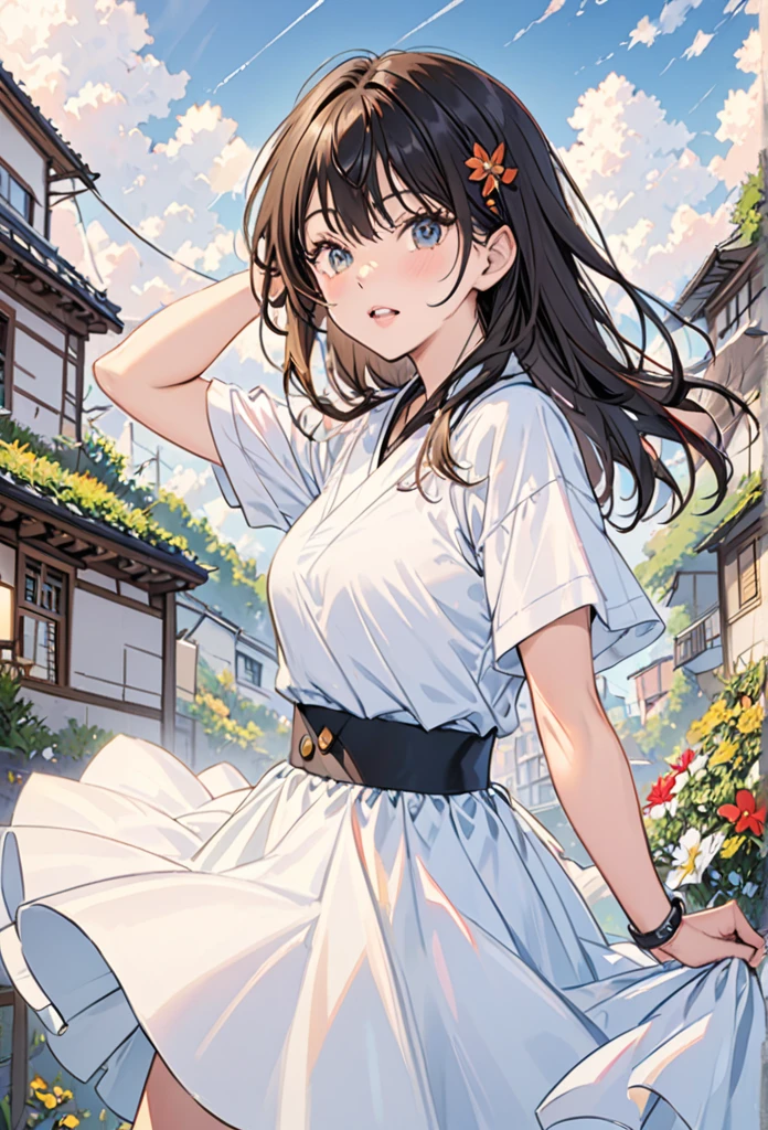 highest quality, masterpiece, Ultra-high resolution, 8k,Summer sky,Under the blazing sun,((Cool summer clothes)),Show anime style , One, Soft Line Art, Digital Enhancement, shojo anime touch, shojo manga core, Flowing fabric, close, Soft Drawing, Ultra-Definition Digital Anime Art, Clear facial depiction, Super detailed girl cartoon character art, Ultra-detailed manga style, highest qualityの色,
(Short brown hair), Wet Hair,Staring at us from the front,Beautiful brown hair, Clear brown eyes, Slightly chubby,Small breasts,The butt is small,(((Teasing Smile))),Hands,Urban buildings,Hold a cute patterned parasol,Intense sunlight,Look up at the sky