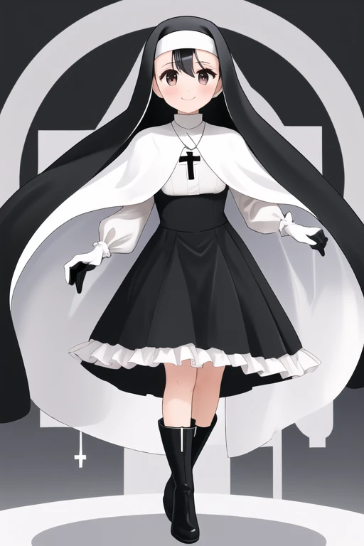 incubation, a girl, smile, black hair, nun, long skirt, white gloves, cape, mature woman, solo, black heels boots, habit, cross necklace, Looking at viewer, 