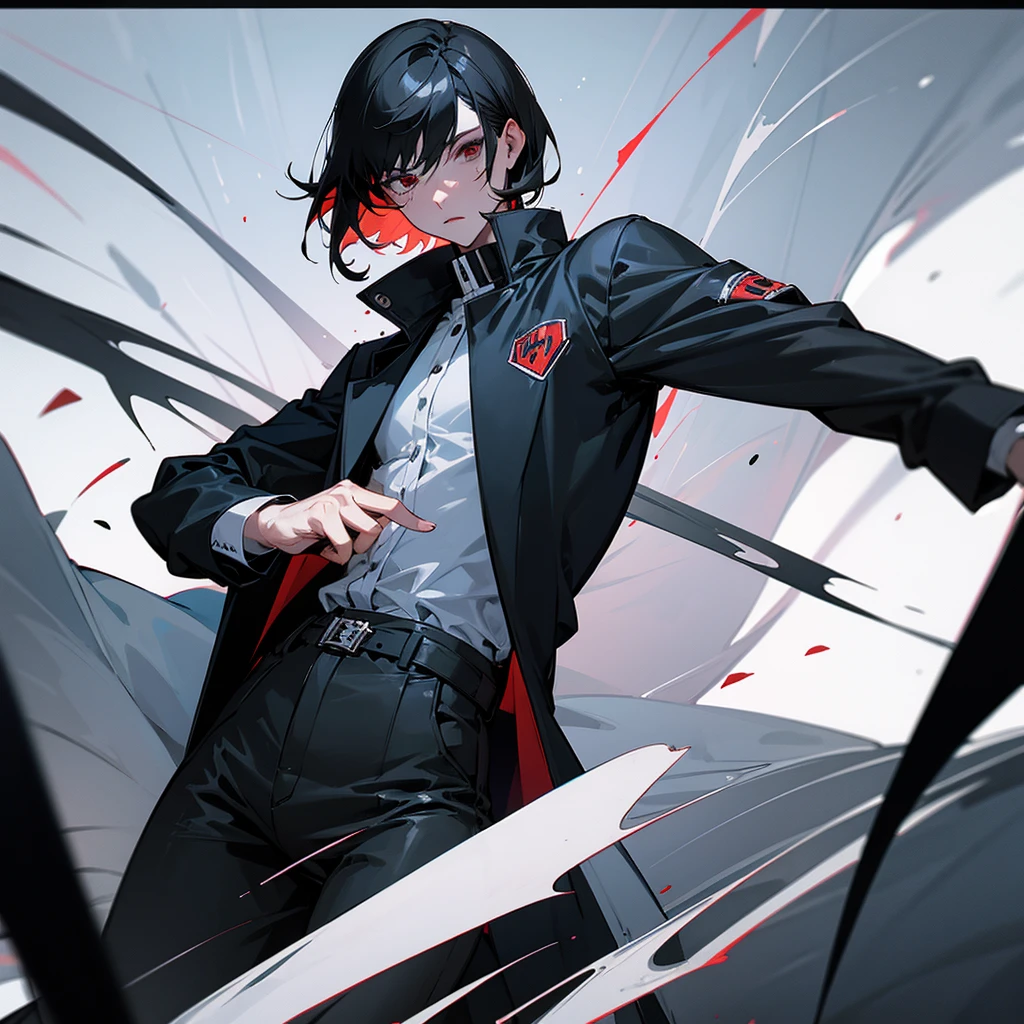 A man with black hair and red eyes, wearing black clothes 