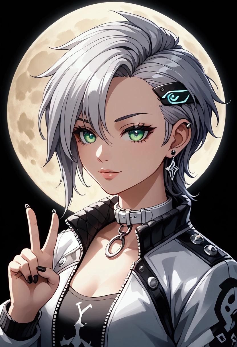 1 girl, alone, colorful, green eyes, cyber punk, Full moon moonlight on black background, peace sign, Earrings, Silver Hair, Have, Neon Signs, Beautiful light, Character Focus, CG illustration, Bust Shot, White collar jacket, 16K resolution, 1060P, Very detailed, Anatomically correct, Digital Painting, Concept Art, Clear images, 