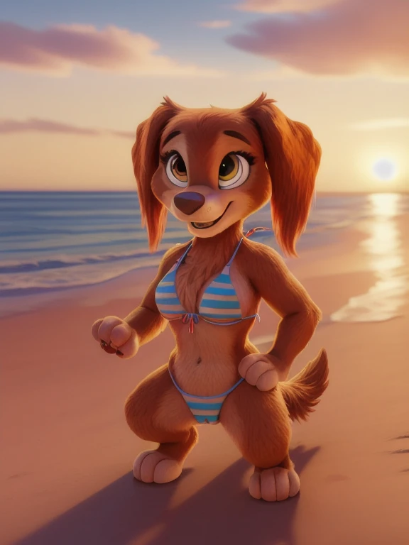 (masterpiece, best quality, realistic, detailed, detailed fur, hi res, photograph:1.2), (8k, uhd, ultra-detailed, depth of field,:1.1), BREAK liberty, dog, paw patrol, (bikini, camel toe, breasts, :1.2), BREAK beach, full body, smiling, colorful sunset,