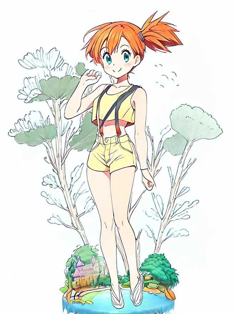 masterpiece, best quality, beautiful, cute visual art, girl (proportion: 1:6 heads), pkmnmisty, 1girl, solo, blue eyes, orange hair, short hair, side ponytail, bangs, hair tie, yellow shirt, crop top, sleeveless, suspenders, short shorts, cute, happy smile, in a public pool {(water power: 0.5)}, slim and long legs (beautiful legs, legs open in V, detailed legs), Ezbian full body {(perfect proportions, good details in the doby)}, fine and detailed hands {(beautiful hands)}, softly wind blows {{((A gentle wind blows her hair))}}, good proportions, suggestive pose, anatomically correct, looking at the viewer, ink, blushing, big smile, cute style, pastel tones, soft colors