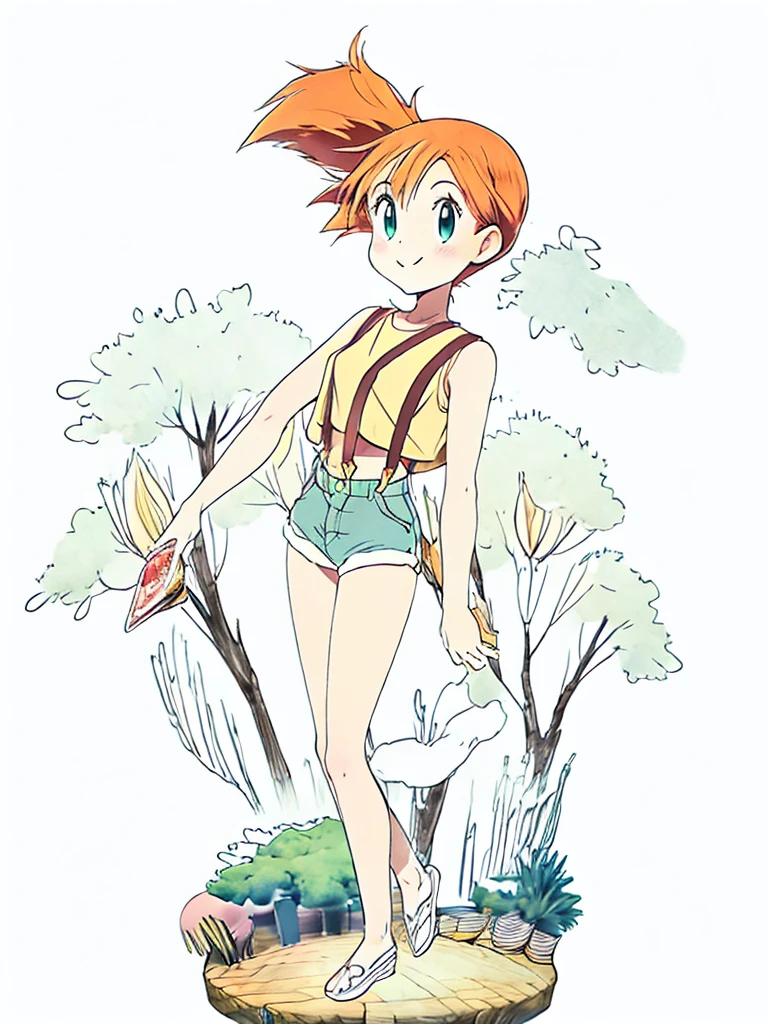 masterpiece, best quality, beautiful, cute visual art, girl (proportion: 1:6 heads), pkmnmisty, 1girl, solo, blue eyes, orange hair, short hair, side ponytail, bangs, hair tie, yellow shirt, crop top, sleeveless, suspenders, short shorts, cute, happy smile, in a public pool {(water power: 0.5)}, slim and long legs (beautiful legs, legs open in V, detailed legs), Ezbian full body {(perfect proportions, good details in the doby)}, fine and detailed hands {(beautiful hands)}, softly wind blows {{((A gentle wind blows her hair))}}, good proportions, suggestive pose, anatomically correct, looking at the viewer, ink, blushing, big smile, cute style, pastel tones, soft colors