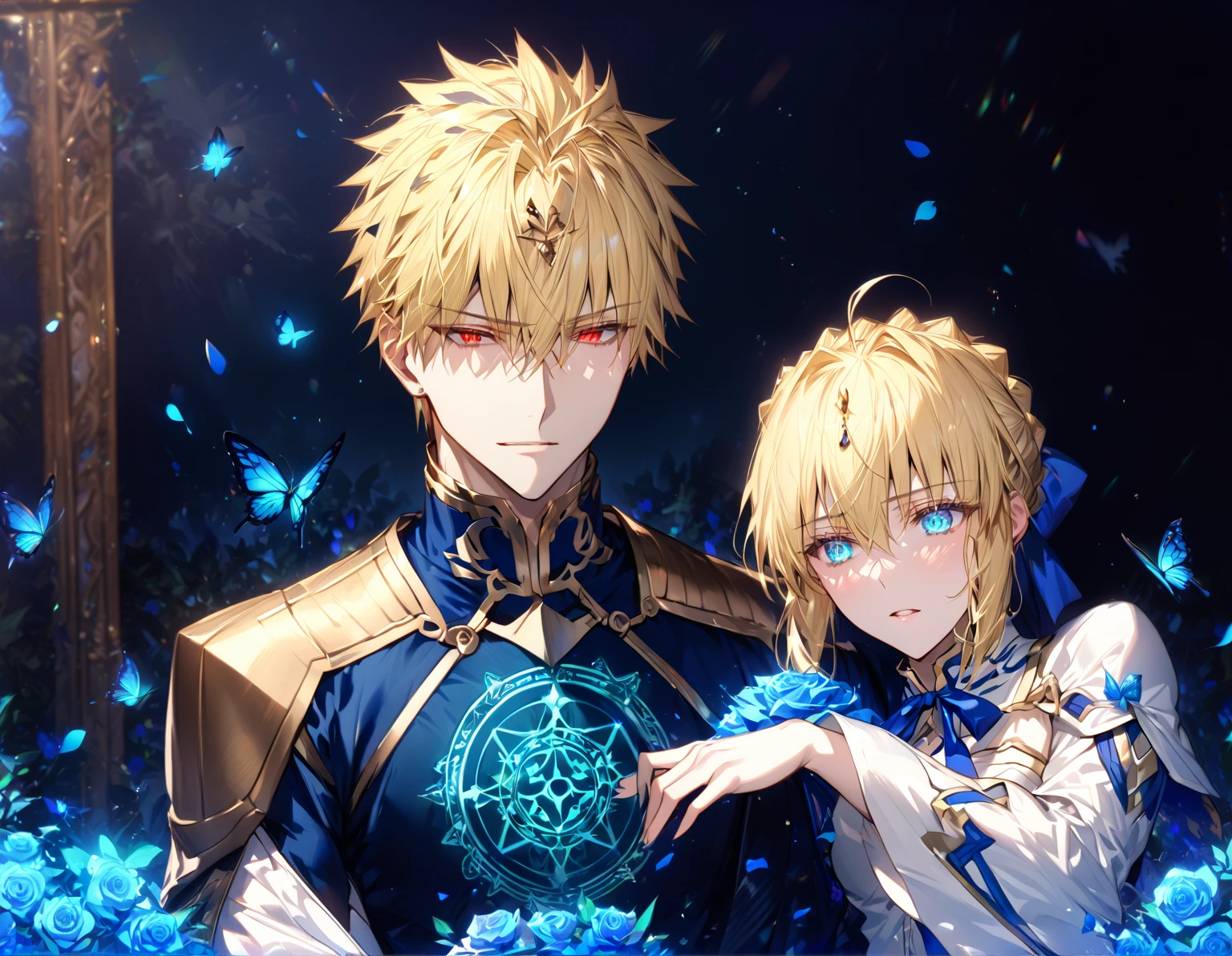 absurdres, highres, ultra detailed, HDR, master piece, best quality, extremely detailed, detailed eyes, detailed face, Gilgamesh, blonde hair, expressive red eyes, Fate Grand Order, Artoria Pendragon, Saber, blonde hair, expressive turquoise eyes, handsome man together with a beautiful woman, white clothes, black clothes, glittering blue butterflies, garden, magic circle, green leaves, blue petals, blue roses, fantasy, magical