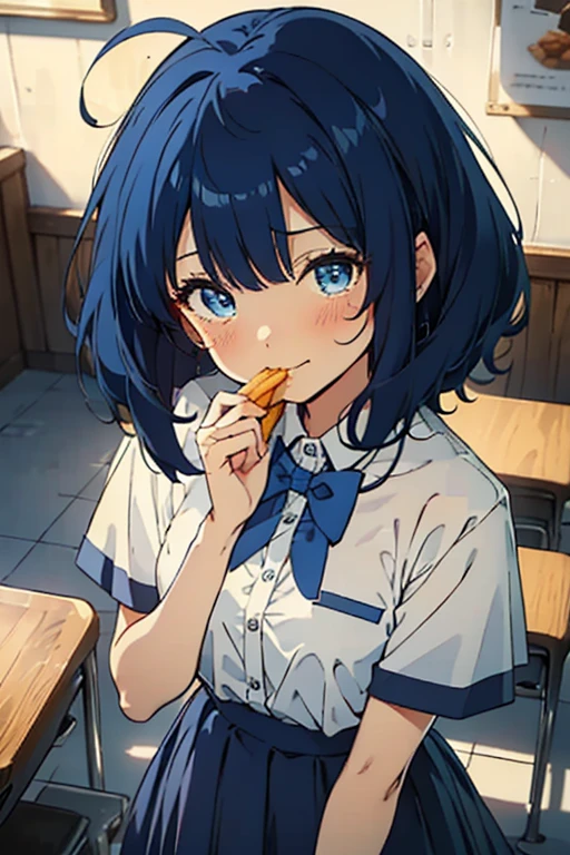 (from above:1.2),(((beautiful detailed)))(cute face:1.2)1girl, A girl stuffing her face with french fries, Girl crying while eating a pile of french fries, Inside a 1950s-style diner, 1950s-style interior, Navy blue hair, blue eyes, A short-sleeved white shirt with four vertical bow ties, Ahoge, long bob cut with fluffy hair(sharp lines:1.2)(clear line:1.2)(eye details:1.3)(thick border:1.4) animation cel style,ligne claire, limited palette((masterpiece, high quality, best quality))(low contrast: 0.5),Anna yanami, blue hair, blue eyes, school uniform, makeine, too many losing heroines,Watercolor style, watercolor pencil, paper texture,90s style,Anna yanami, blue hair, blue eyes, school uniform, makeine, too many losing heroines,
