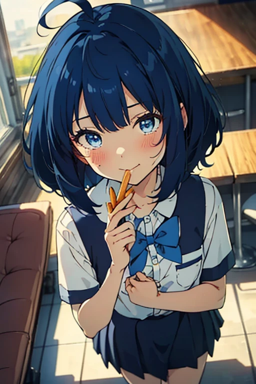 (from above:1.2),(((beautiful detailed)))(cute face:1.2)1girl, A girl stuffing her face with french fries, Girl crying while eating a pile of french fries, Inside a 1950s-style diner, 1950s-style interior, Navy blue hair, blue eyes, A short-sleeved white shirt with four vertical bow ties, Ahoge, long bob cut with fluffy hair(sharp lines:1.2)(clear line:1.2)(eye details:1.3)(thick border:1.4) animation cel style,ligne claire, limited palette((masterpiece, high quality, best quality))(low contrast: 0.5),Anna yanami, blue hair, blue eyes, school uniform, makeine, too many losing heroines,Watercolor style, watercolor pencil, paper texture,90s style,Anna yanami, blue hair, blue eyes, school uniform, makeine, too many losing heroines,
