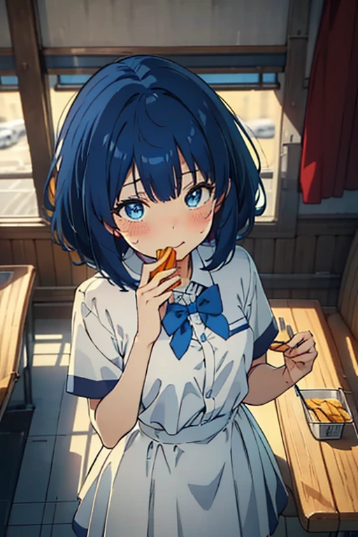 (from above:1.2),(((beautiful detailed)))(cute face:1.2)1girl, A girl stuffing her face with french fries, Girl crying while eating a pile of french fries, Inside a 1950s-style diner, 1950s-style interior, Navy blue hair, blue eyes, A short-sleeved white shirt with four vertical bow ties, Ahoge, long bob cut with fluffy hair(sharp lines:1.2)(clear line:1.2)(eye details:1.3)(thick border:1.4) animation cel style,ligne claire, limited palette((masterpiece, high quality, best quality))(low contrast: 0.5),Anna yanami, blue hair, blue eyes, school uniform, makeine, too many losing heroines,Watercolor style, watercolor pencil, paper texture,90s style,Anna yanami, blue hair, blue eyes, school uniform, makeine, too many losing heroines,
