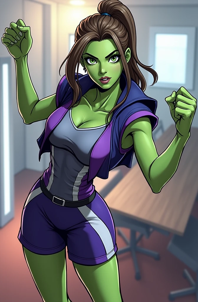 Superhero Gamora from Guardians of the Galaxy, green skin, green face, dark purple hair, combat stance, highly detailed, vibrant appearance, creative behavior, imaginative, , spontaneous, small breasts, sexi, revealing, naked breasts, nude, highest quality, skin texture, intricate details, (cinematic lighting), RAW photo, 8k, masterpiece,best quality,ultra-detailed,very detailed illustrations,extremely detailed,intricate details,highres,super complex details,extremely detailed 8k cg wallpaper