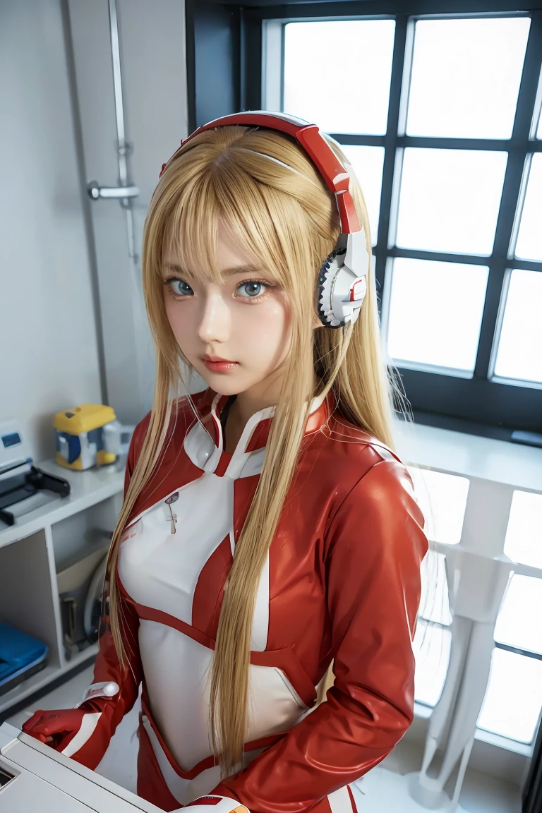 (Overhead view),dynamic angle,ultra-detailed, illustration, close-up, straight on, 1girl, ((souryuu asuka langley, interface headset, red suit:1.4, blonde)),Her eyes shone like dreamy stars,(glowing eyes:1.233),(beautiful and detailed eyes:1.1),(expressionless,closed mouth),(standing), (mechanic room with toolsand spaceship windowin a white SPACESHIP), (night:1.2),dreamy, [[delicate fingers and hands:0.55]::0.85],(detail fingers),