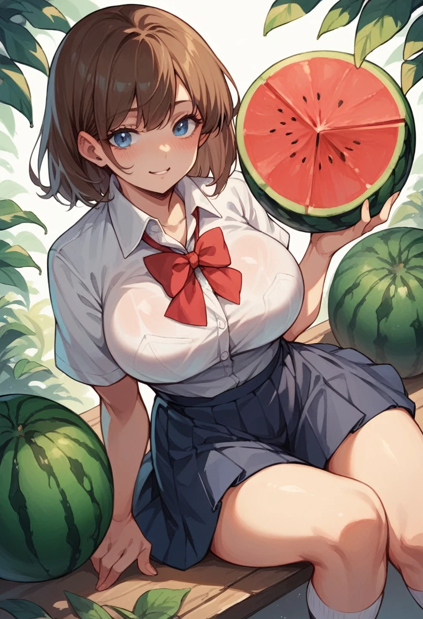 1girl, nsfw, sajouayaka, black hair, short hair, Blue eyes , smile , large breasts, nipple, Standing pee, Orchard, frozen, Wet, , Naked, (1girl) , solo , Peeing, lactation, projectile lactation, Apple