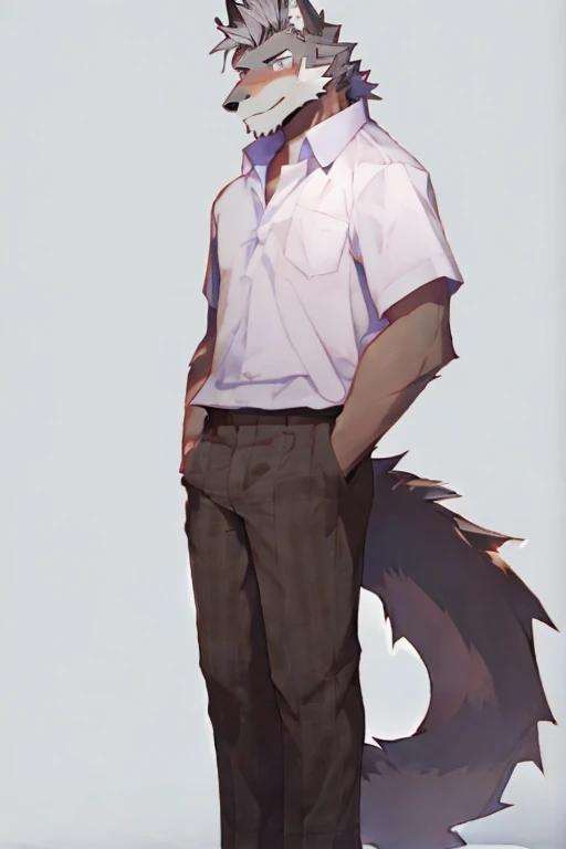 A Top And Right Side Body Picture of A Very Muscular Furry style Gray Wolf. he is wearing Student Uniform with White Shirt outfit. He is looking at the viewer. The background is just color white. His hair is spikey and messy. He have A gray hair. He have a little smile with blushes on his face in shyness. He have a very long tail. he have gray eyes. his both hand is in his pockets. he is standing in the background, his mouth is little open