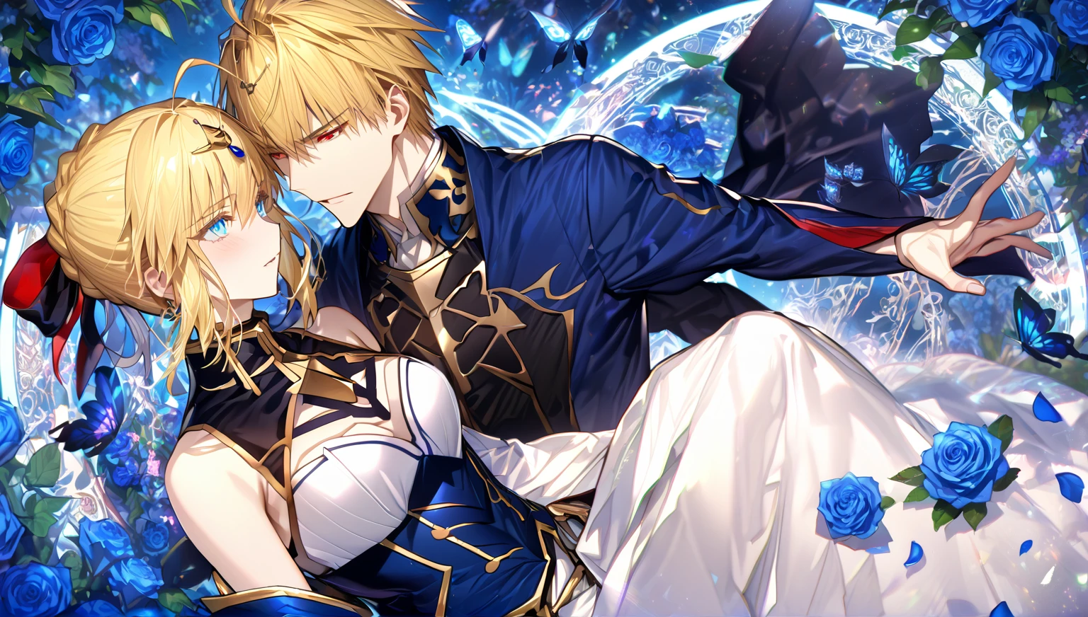 absurdres, highres, ultra detailed, HDR, master piece, best quality, extremely detailed, detailed eyes, detailed face, Gilgamesh, blonde hair, expressive red eyes, Fate Grand Order, Artoria Pendragon, Saber, blonde hair, expressive turquoise eyes, handsome man together with a beautiful woman, white clothes, black clothes, glittering blue butterflies, garden, magic circle, green leaves, blue petals, blue roses, fantasy, magical