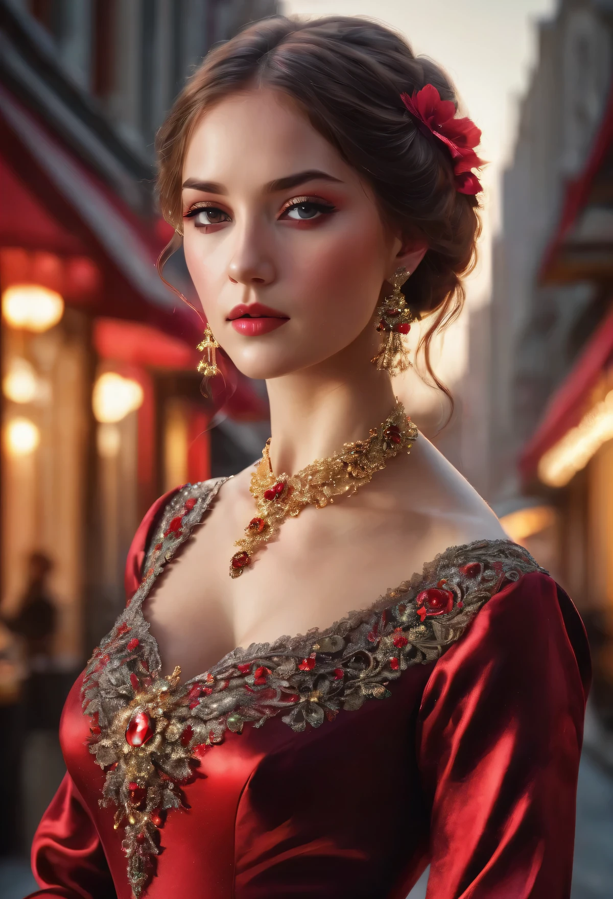 Gorgeous lady, Victorian art style, detailed and sharp face, bright gemstone, crystal clear, strong light transmission, half-length captured, dynamic, rim light, intricate and detailed black and red dress. Shiny special effects, Ruby and shiny, gold threads, high saturation, high contrast, blurred flower background, super fine, super realistic,Real light and shadow contrast,Realistic ray tracing,True light falloff,True light reflection , elegant. 8k,