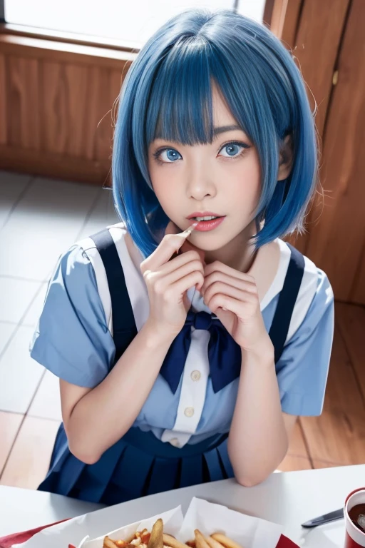 (from above:1.2),(((beautiful detailed)))(cute face:1.2)1girl, A girl stuffing her face with french fries, Girl crying while eating a pile of french fries, Inside a 1950s-style diner, 1950s-style interior, Navy blue hair, blue eyes, A short-sleeved white shirt with four vertical bow ties, Ahoge, long bob cut with fluffy hair(sharp lines:1.2)(clear line:1.2)(eye details:1.3)(thick border:1.4) animation cel style,ligne claire, limited palette((masterpiece, high quality, best quality))(low contrast: 0.5),Anna yanami, blue hair, blue eyes, school uniform, makeine, too many losing heroines,Watercolor style, watercolor pencil, paper texture,90s style,Anna yanami, blue hair, blue eyes, school uniform, makeine, too many losing heroines,
