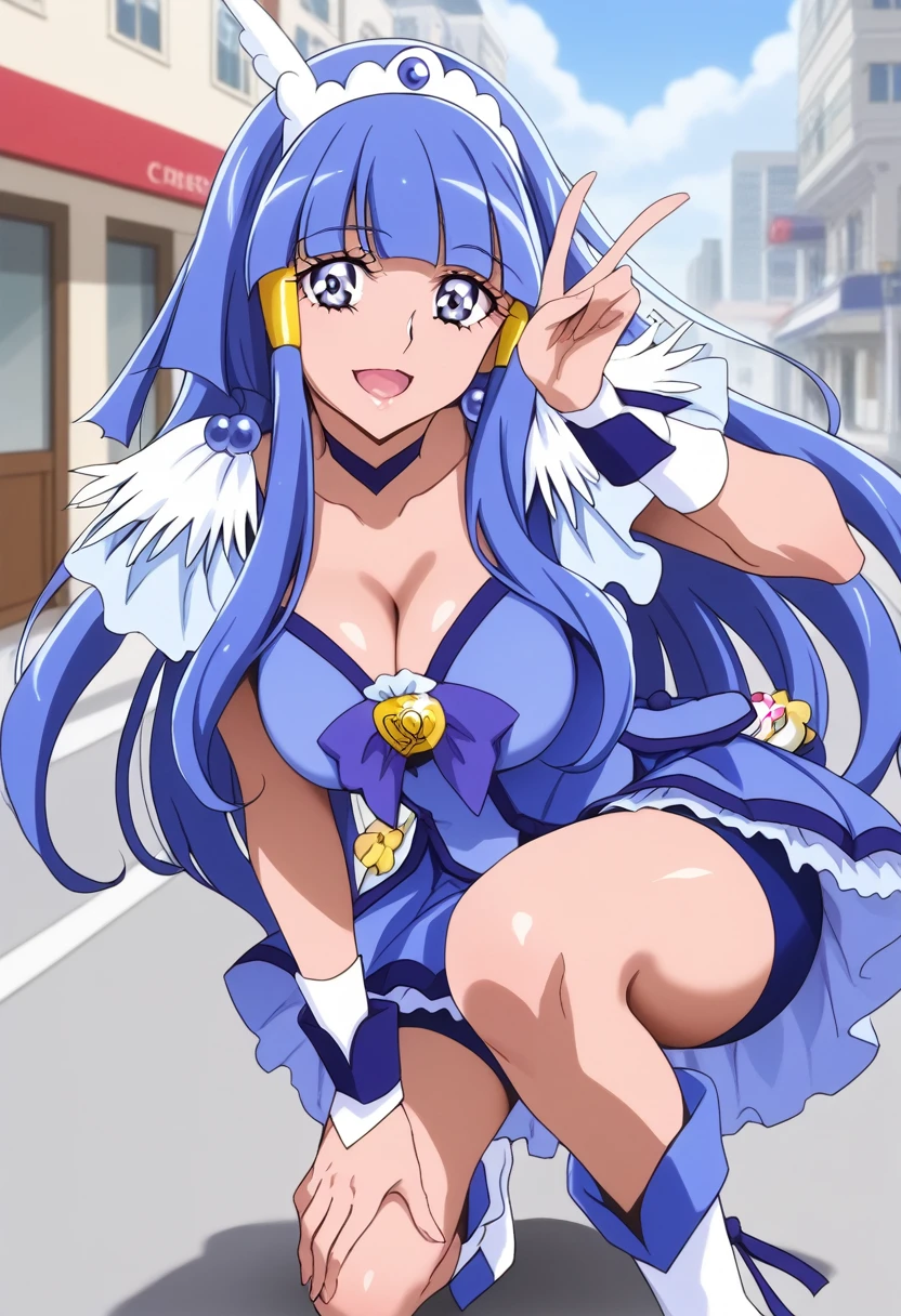 Score_9, Score_7_up, masterpiece of the highest quality, sauce_anime, Beautiful fine details, anime screencap, Break AR-CB, One mature woman, blue eyes, (Long Hair:1.1), Hair Tube, Side Lock, Blue Hair, Blunt bangs, Hair accessories, Wings on the head, Tiara, Blue choker, Blue ribbon, Blue shorts, Blue Skirt, Bike Shorts, Garter belt under skirt, Blue wrist cuff, Knee-high boots, break large breasts, smile, , Open your mouth, squat, Leaning forward, (Knee Varus, v:1.2), hand up, Tilt your head, Outdoor break, city, street, building,Brown skin,