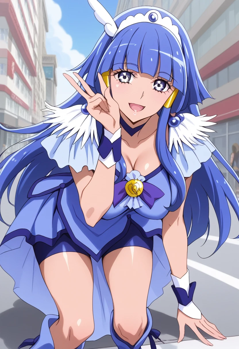 Score_9, Score_7_up, masterpiece of the highest quality, sauce_anime, Beautiful fine details, anime screencap, Break AR-CB, One mature woman, blue eyes, (Long Hair:1.1), Hair Tube, Side Lock, Blue Hair, Blunt bangs, Hair accessories, Wings on the head, Tiara, Blue choker, Blue ribbon, Blue shorts, Blue Skirt, Bike Shorts, Garter belt under skirt, Blue wrist cuff, Knee-high boots, break large breasts, smile, , Open your mouth, squat, Leaning forward, (Knee Varus, v:1.2), hand up, Tilt your head, Outdoor break, city, street, building,Brown skin,