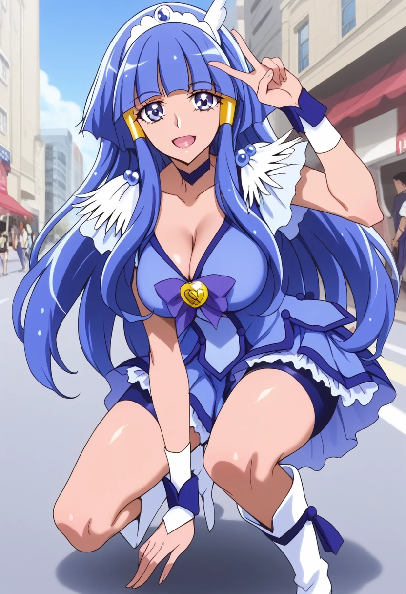 Score_9, Score_7_up, masterpiece of the highest quality, sauce_anime, Beautiful fine details, anime screencap, Break AR-CB, One mature woman, blue eyes, (Long Hair:1.1), Hair Tube, Side Lock, Blue Hair, Blunt bangs, Hair accessories, Wings on the head, Tiara, Blue choker, Blue ribbon, Blue shorts, Blue Skirt, Bike Shorts, Garter belt under skirt, Blue wrist cuff, Knee-high boots, break large breasts, smile, , Open your mouth, squat, Leaning forward, (Knee Varus, v:1.2), hand up, Tilt your head, Outdoor break, city, street, building,Brown skin,