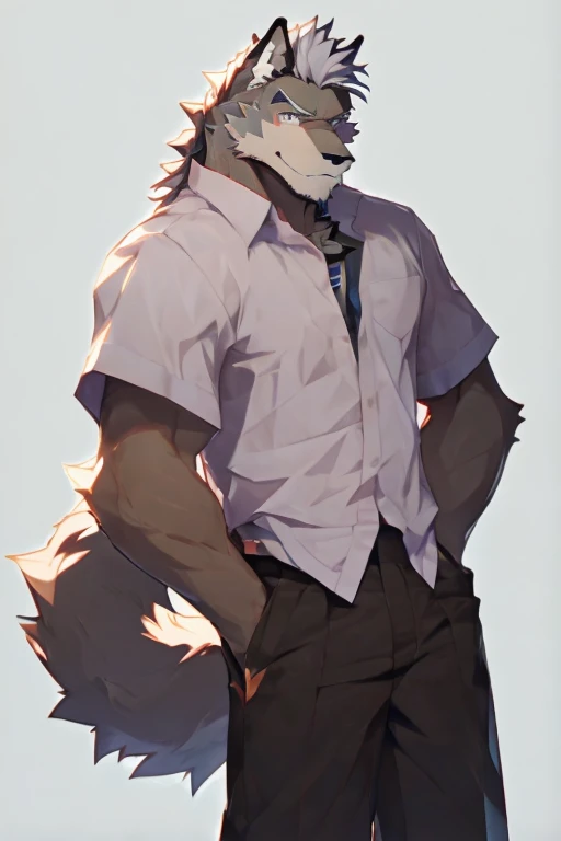 A Top And Right Side Body Picture of A Very Muscular Furry style Gray Wolf. he is wearing Student Uniform with White Shirt outfit. He is looking at the viewer. The background is just color white. His hair is spikey and messy. He have A gray hair. He have a little smile with blushes on his face in shyness. He have a very long tail. he have gray eyes. his both hand is in his pockets. he is standing in the background, his mouth is little open