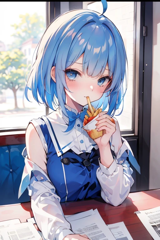 (from above:1.2),(((beautiful detailed)))(cute face:1.2)1girl, A girl stuffing her face with french fries, Girl crying while eating a pile of french fries, Inside a 1950s-style diner, 1950s-style interior, Navy blue hair, blue eyes, A short-sleeved white shirt with four vertical bow ties, Ahoge, long bob cut with fluffy hair(sharp lines:1.2)(clear line:1.2)(eye details:1.3)(thick border:1.4) animation cel style,ligne claire, limited palette((masterpiece, high quality, best quality))(low contrast: 0.5),Anna yanami, blue hair, blue eyes, school uniform, makeine, too many losing heroines,Watercolor style, watercolor pencil, paper texture,90s style,Anna yanami, blue hair, blue eyes, school uniform, makeine, too many losing heroines,
