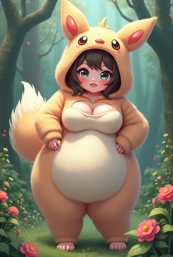 woman in a black bodysuit and fishnet leggings, pregnant, brown hair, bunny ears 