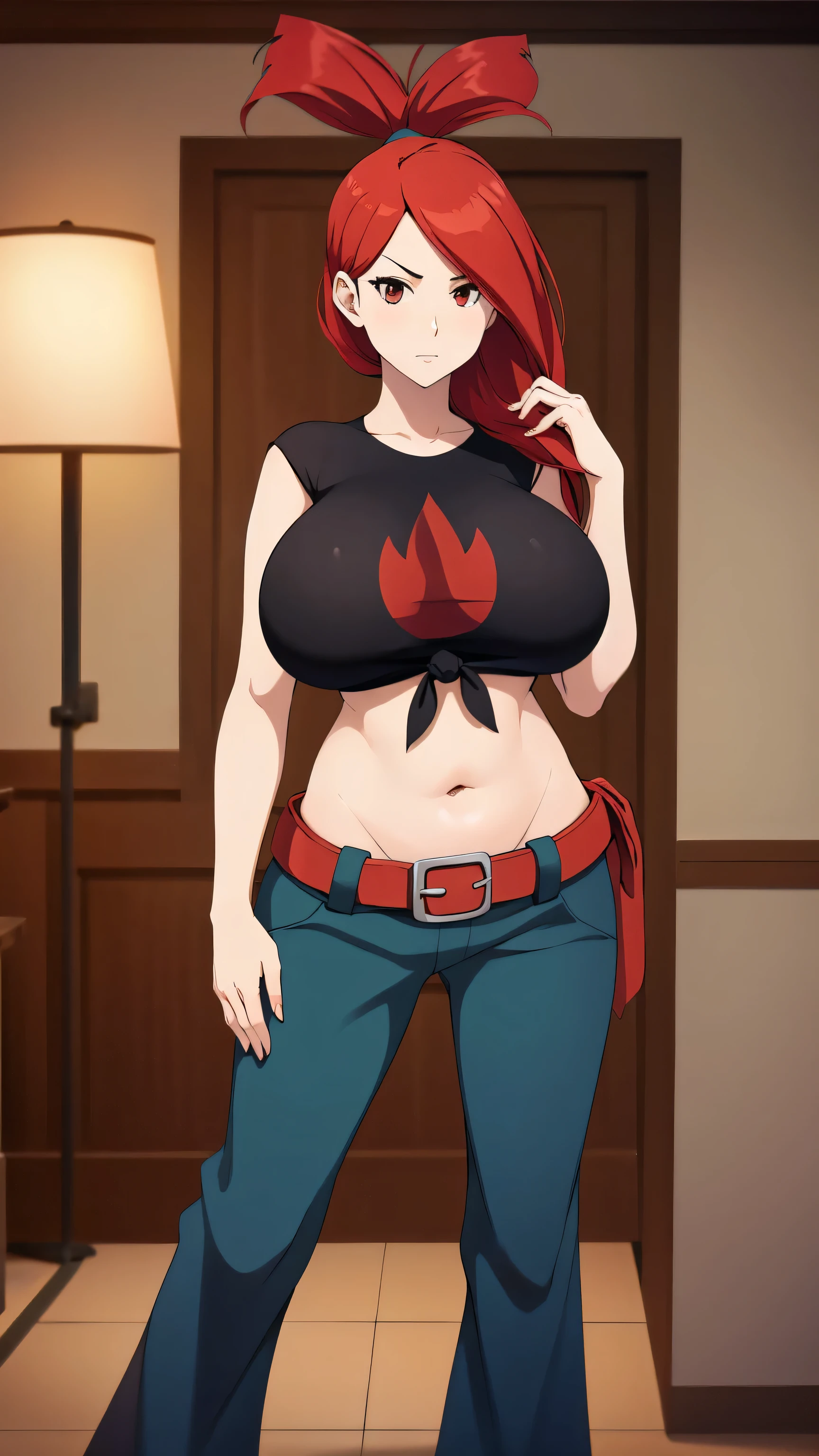 A tall beautiful sexy girl with big breasts, loose red hair, a brown eye, is wearing a black shirt with a tied knot, a red bra, a belly button, and blue pants with a red belt, a brown heel. 