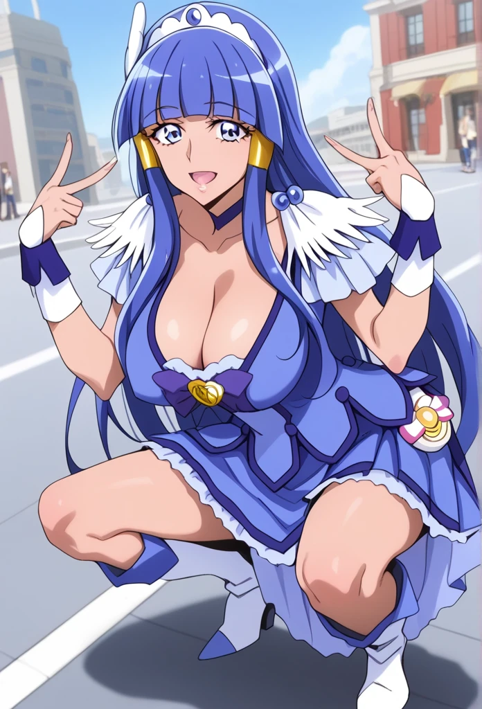 Score_9, Score_7_up, masterpiece of the highest quality, sauce_anime, Beautiful fine details, anime screencap, Break AR-CB, 1人のMature Woman, blue eyes, (Long Hair:1.1), Hair Tube, Side Lock, Blue Hair, Blunt bangs, Hair accessories, Wings on the head, Tiara, Blue choker, Blue ribbon, Thong, Blue Skirt, Bike Shorts, Stockings under the skirt, Blue wrist cuff, Knee-high boots, break large breasts, smile, , Open your mouth, squat, Leaning forward, (Knee Varus, v:1.2), hand up, Tilt your head, Outdoor break, city, street, building,Brown skin,Mature Woman,