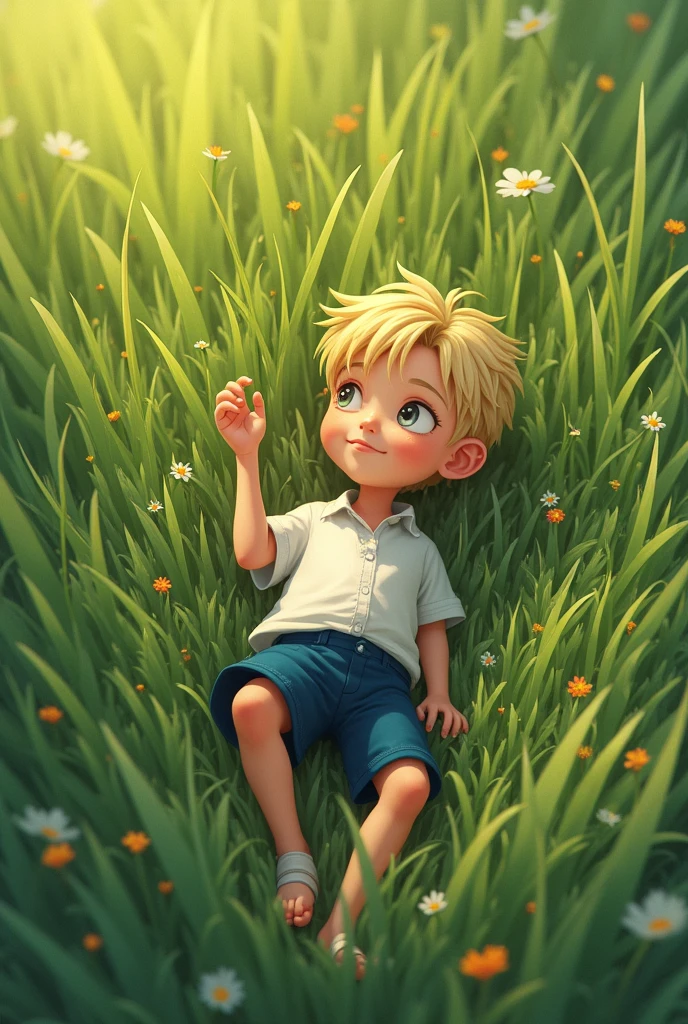 Blonde boy with cat ears, laying on grass, field, arms behind his head