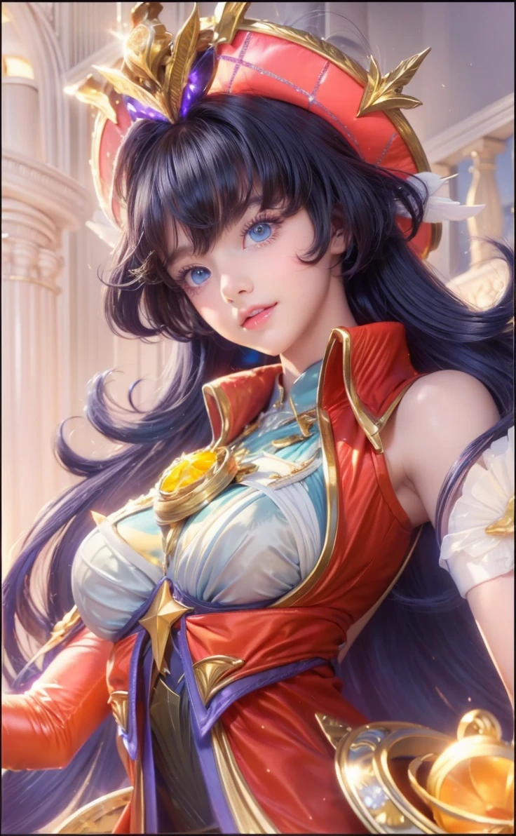 1 mature woman, {{{very long black hair}}} ponytail, {{{Ice blue eyes}}}, crimson lips, red royal dress under a chest plate of armor, cold smile, starry night sky, {best quality.}, {highreaasterpiece.}, {{{medium close up.}}}, {facing viewer}