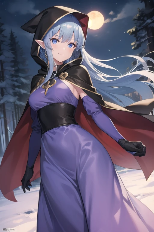 1girl, pointy ears, blue hair, long hair, braid, blue eyes, long dress, purple dress, black gloves, cape, hood, hood up, reaching towards viewer, evil smile, night, red moon, outdoors, forest, cowboy shot, side lsit score_9, score_8_up, score_7_up, score_6_up, score_5_up, score_4_up, BREAK source_anime, masterpiece