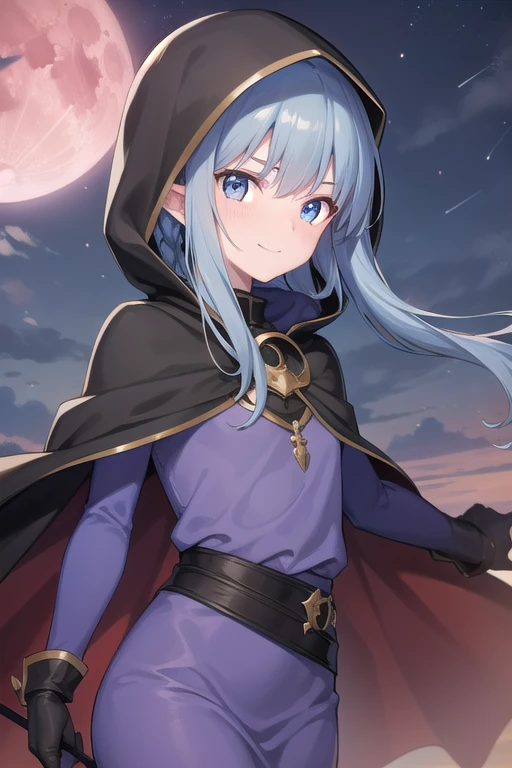 1girl, pointy ears, blue hair, long hair, braid, blue eyes, long dress, purple dress, black gloves, cape, hood, hood up, reaching towards viewer, evil smile, night, red moon, outdoors, forest, cowboy shot, side lsit score_9, score_8_up, score_7_up, score_6_up, score_5_up, score_4_up, BREAK source_anime, masterpiece