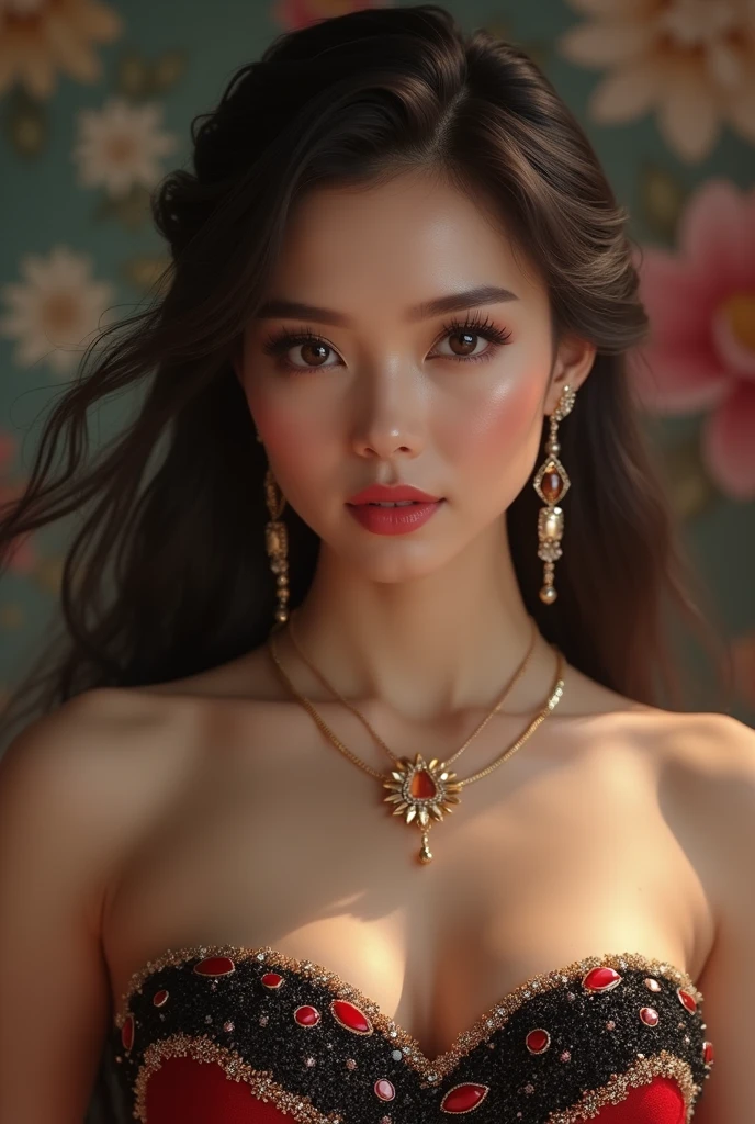 Cute, lovely and sexy pretty girl;
Age from 18-20 years old;
ivory white, rosy, flawless skin;
Her hair is red, smooth, shimmering in the sunlight, detailed, iridescent in the bright sunlight;
eyes are blue, almond-shaped eyes are detailed, sexy, youthful, clear, super detailed, elegant, seductive, sharp, realistic makeup, captivating viewers;
The girl's eyelids are very delicate, perfectly beautiful, double eyelids;
curved, sparse, sharp eyebrows;
extremely beautiful face, pure, beautiful like a fairy, light makeup, lovely, perfectly balanced, beautiful down to every detail;
beautiful, lovely, high nose;
Prominent, sexy cheekbones;
seductive lips, light pink lipstick, lovely lip gloss;
radiant smile, beautiful white teeth;
The girl's body is full of youth, her clothes are tight;
Girls wear accessories of necklaces, earrings, bracelets, pearls, diamonds, gold and silver, gemstones, emeralds, lapis lazuli, necklaces, earrings, belts;
firm breasts and nipples, tight bra fit, deep cleavage, high nipples;
plump buttocks, tight underwear;
Mesh bra, metallic thread, shiny;
glossy underwear, multi-color random;
High fashion style, modern 2024, luxurious;
Masterpiece of non-NSFW photo quality, 8K CG HD, sharp, super beautiful, professional, detailed graphics, brilliant colors, super smooth, advanced techniques, realistic RAW;
The light is intricately colored, using black and gold rays;
The sunlight sparkled, illuminating the girl's body, making her hair shine;
The background has beautiful flowers and leaves, elegant and pure;
colorful, visually appealing film art;
((Girl standing in front of the ancient temple yard, huge bronze Buddha statue, large shiny bell));