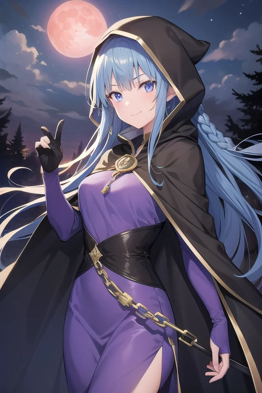 1girl, pointy ears, blue hair, long hair, braid, blue eyes, long dress, purple dress, black gloves, cape, hood, hood up, reaching towards viewer, evil smile, night, red moon, outdoors, forest, cowboy shot, side lsit score_9, score_8_up, score_7_up, score_6_up, score_5_up, score_4_up, BREAK source_anime, masterpiece