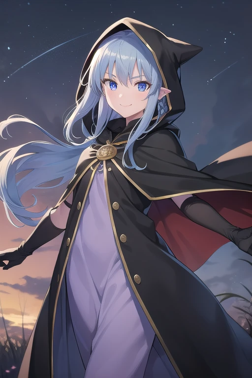 1girl, pointy ears, blue hair, long hair, braid, blue eyes, long dress, purple dress, black gloves, cape, hood, hood up, reaching towards viewer, evil smile, night, red moon, outdoors, forest, cowboy shot, side lsit score_9, score_8_up, score_7_up, score_6_up, score_5_up, score_4_up, BREAK source_anime, masterpiece